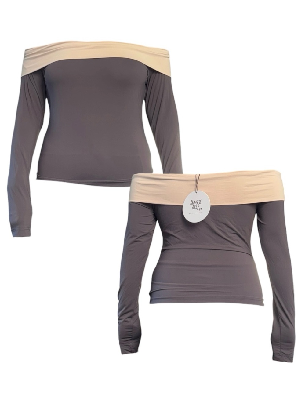 Princess Polly Off-Shoulder Long Sleeve Top in Charcoal with Cream Trim